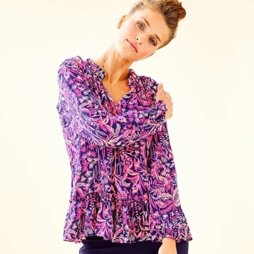 Lilly Pulitzer Savanna Top Bright Navy Swing of Things Ruffle Peplum Top
